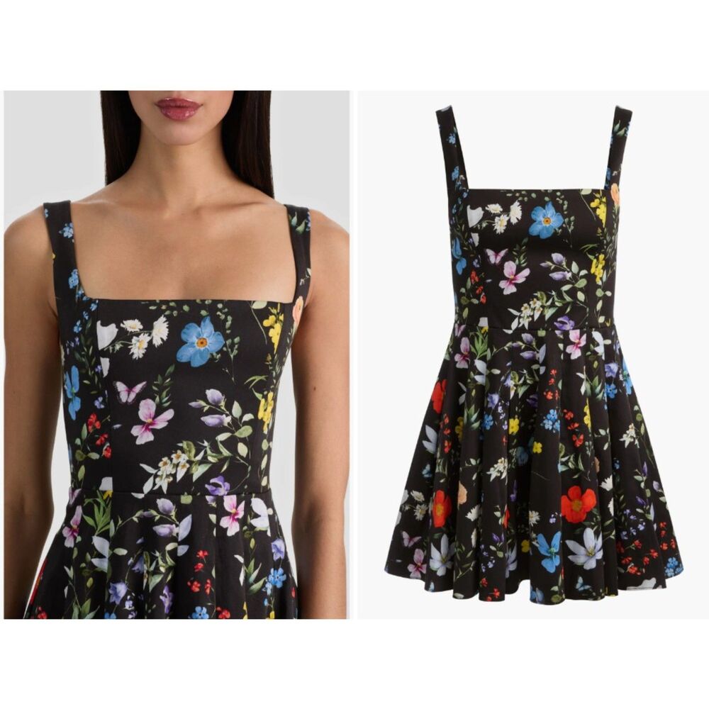 Alice + Olivia Black Veda Floral Pleated Stretch Cotton Minidress Size 6 & - Picture 2 of 7